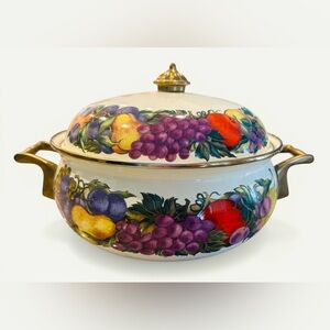 Vintage Cornucopia Fruit Enamel Casserole Pot w/ Brass Handles & Lid